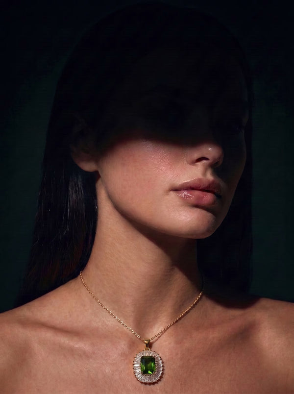 The Emerald Baguette Halo Pendant